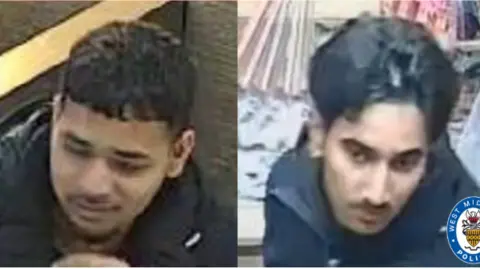 WMP handout The CCTV images show two men in separate images. One has brown hair and a black jacket on and appears to be standing or sitting down in a wooden booth, or by a wooden wall. The second male is captured in a shop with what looks like fabric or material behind him. He has a small moustache and brown hair and a dark jacket on. 