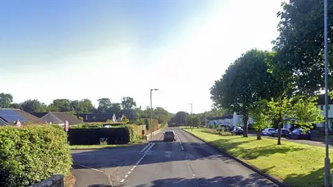 A quiet suburban road in the Borders with trees down one side and rows of houses on a sunny day