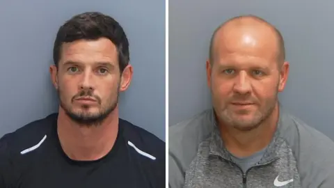 Hampshire Police Anthony and Brian Siner mugshots. Anthony has short brown hair, brown moustache and beard and a black t-shirt on, Brian is bald with grey stubble and is wearing a grey sweatshirt.