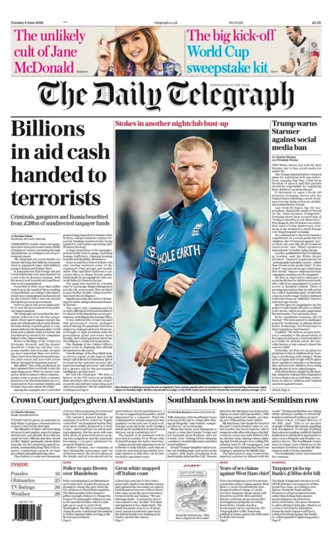 The headline on the front page of the Daily Telegraph reads: “Billions in aid cash handed to terrorists”.