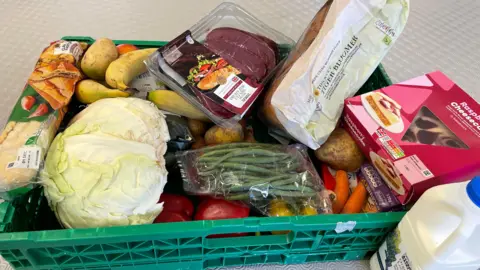 A green pallet containing cabbage, milk, bread, steak, bananas, potatoes, garlic bread, cheesecake, green beans, carrots and peppers.