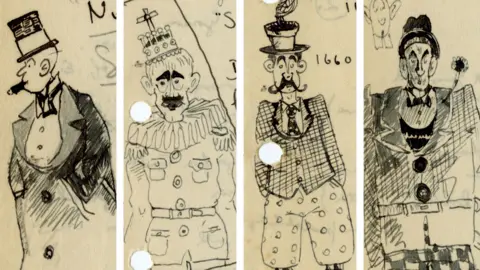 UC San Diego Composite image of four cartoon doodles drawn by Geisel in his Oxford notebook.