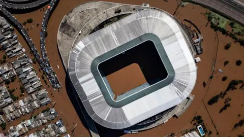 EPA An aerial photo taken with a drone of the Arena do Gremio stadium in the city of Porto Alegre, Brazil, 05 May 2024.