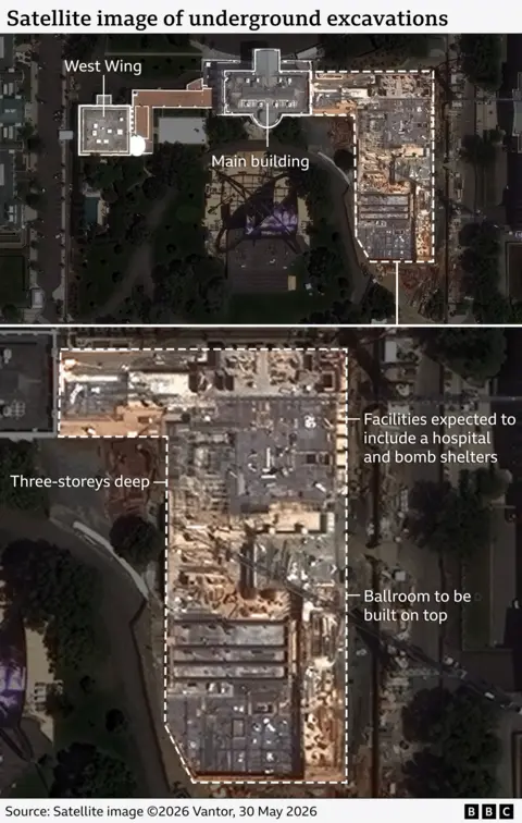 Vantor A satellite image highlighting the underground excavations next to the White House main building with annotations of "Facilities expected to include a hospital and bomb shelters", "three-storeys deep", and "Ballroom to be built on top"