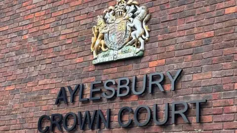 Brian Farmer/BBC A sign for Aylesbury Crown Court: the words Aylesbury Crown Court written in black capital letters, below a gold, blue, green and white crest, on a red-brick wall