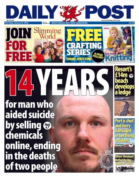 Daily Post Front page of Daily Post. Main headline reads: 14 years for man who aided suicide by selling chemicals online, ending in the deaths of two people. Other headlines read: Resort's £14m beach develops a ledge; Port is shut and ferry damaged in berthing incident; When Wrexham defied the big freeze of '62, '63