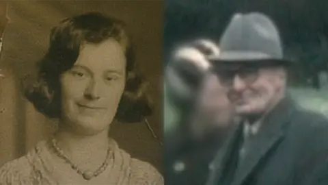 Patti Thomas in a posed photograph taken as a young woman, wearing a dress and a string of beads. Griff Thomas leaving Rhydwilym Chapel with another member of the congregation, a few weeks before he died.