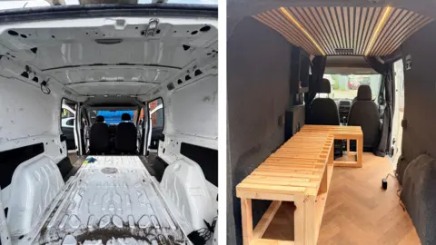 David Warren Two pictures side by side of the inside of the van. It shows a before and after of the camper where the inside is completely plain and one where the interion has been carpeted lights have been put in and a wooden floor and bench.