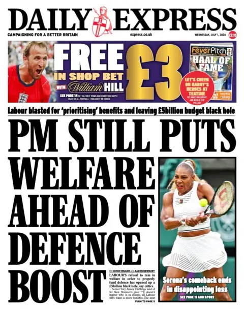 "PM still puts welfare ahead of defence boost" reads the headline on the front page of the Daily Express.