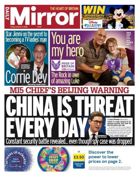 The headline on the front page of the Mirror reads: "China is threat every day".