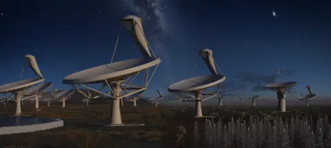 SKAO A dark, starry desert landscape filled with huge white radio dishes, each like a shallow bowl on a tall pedestal, all tilted toward the sky. In the foreground, stand many spiky metal antenna frames. The Milky Way arches overhead, giving a sense of a vast, silent observatory listening to space.