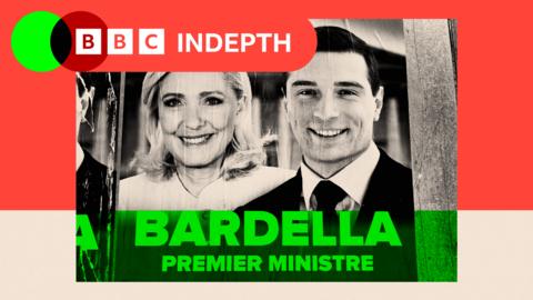 Montage with a poster for the National Rally poster showing the faces of leader Marine Le Pen and candidate for prime minister, Jordan Bardella