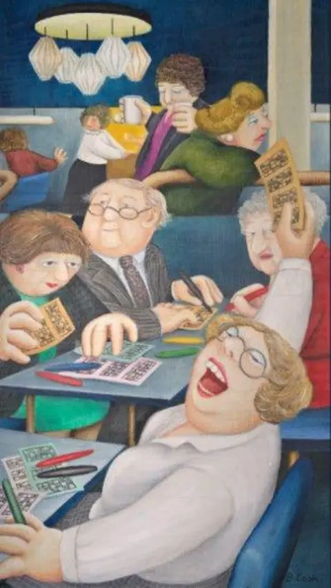 John Cook A painting of people playing Bingo in a hall. One lady on the right is holding up a ticket and other people are sat at a different table are looking down at their cards.