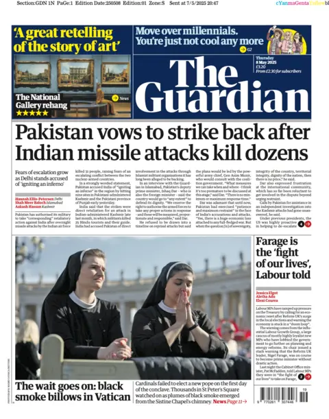 "Pakistan vows to strike back after Indian missile attacks kill dozens" reads the headline on the Guardian's front page.  The paper's picture story is the papal conclave, it shows two nuns, wearing black, waiting for news of the process to elect a new pope. 