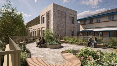 An artist's impression of the new centre, which is a two storey, brick building with tall windows, and a landscaped garden in the foreground with paving surrounded by flower beds and seating