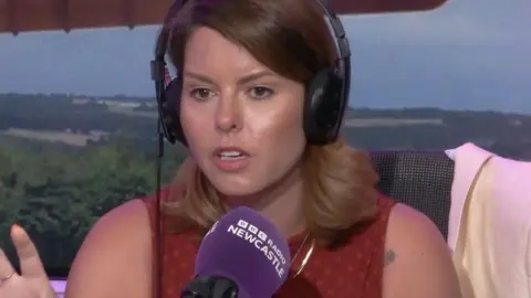 North East mayor Kim McGuinness in a radio studio getting interviewed with headphones on. The lower image shows Gateshead Quayside where the arena development is taking place.