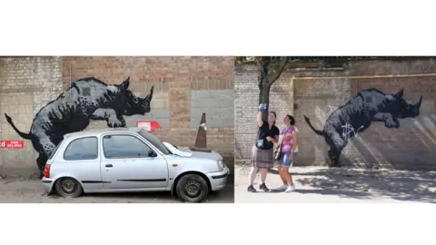 Two images of Banksy's rhinoceros, one with the car and traffic cone and one without them after they were removed. 