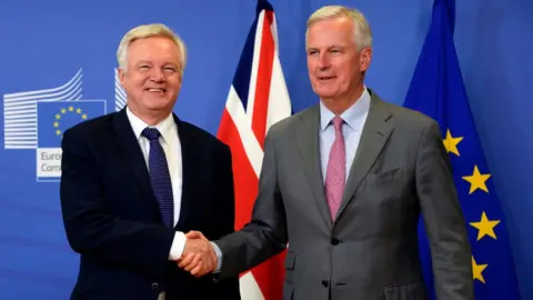 AFP David Davis shakes hands with Michel Barnier