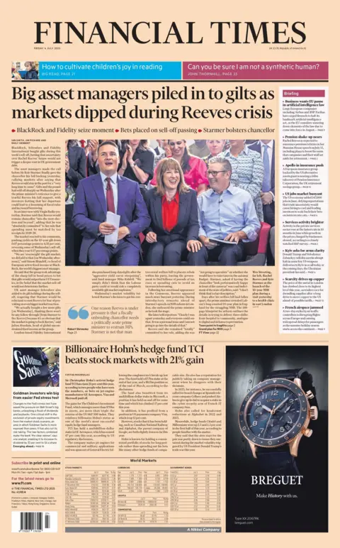 The FT leads on how markets reacted to Reeves tearing up and the way this suggested she might leave her job. It reports that "big asset managers piled into gilts" following the dip in markets. It is a sign of Britain's "precarious financial position", the paper reports. 