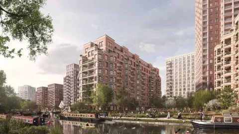 A CGI image showing new canal-side apartment buildings with red brick façades, surrounded by trees and landscaped walkways. People are seen walking and kayaking on the canal, with narrowboats moored along the water’s edge.