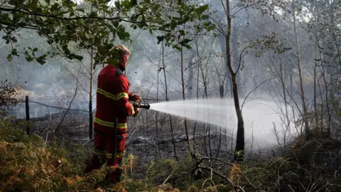 Nottinghamshire Fire and Rescue Service A firefighter using a hose in a area of woodland where a lot of smoke can be seen.