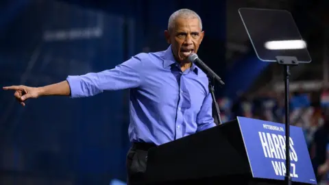  EPA-EFE/REX/Shutterstock Former US President Barack Obama speaks at a campaign rally at the University of Pittsburgh, Pennsylvania. Photo: 10 October 2024