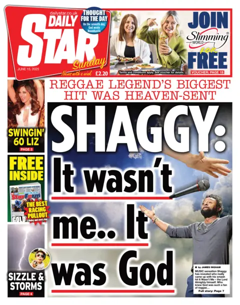 The front page of the Daily Star on Sunday. The headline reads "Shaggy: It wasn't me.. it was God". An images shows a giant hand coming out of clouds, dropping a microphone towards Shaggy, who is standing below with open arms.