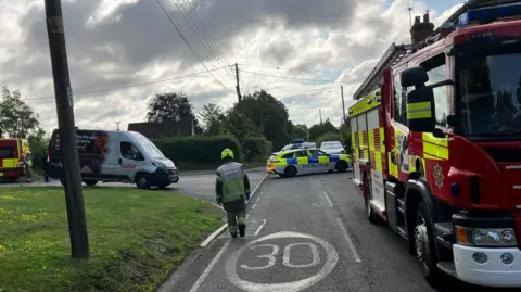 Bedfordshire Fire and Rescue Service Emergency services on Mill Road, Sharnbrook, Bedfordshire