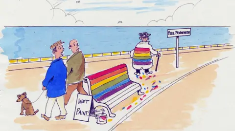 PHIL WOODFORD A cartoon of two men and a dog on Peel Promenade standing next to a bench which has been painted in rainbow colours that has a sign saying wet paint next to it. They are watching as a man who has been sitting on the bench walks away with paint marks on the back of his jacket.