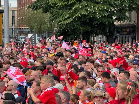 A large crowd looks towards Hull City Hall. One has a costume robin bird on his head and many are waving flags and scarves.