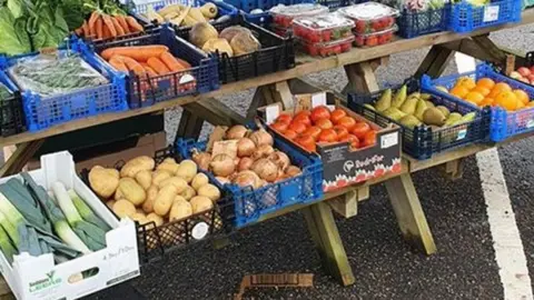 Trina Lake Fruit and veg on a pub bench