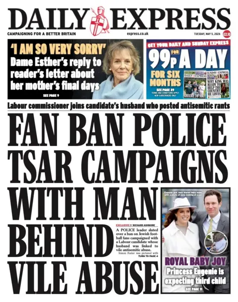 The headline on the front page of the Daily Express reads: “Fan ban police tsar campaigns with man behind vile abuse”.