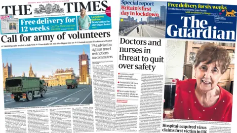 Front pages of the Times and the Guardian