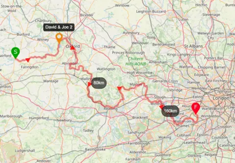 GEO TRACKS map showing paddleboarding route from Lechlade to Teddington