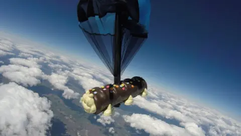 Aldi Aldi's Cuthbert cake during a skydive