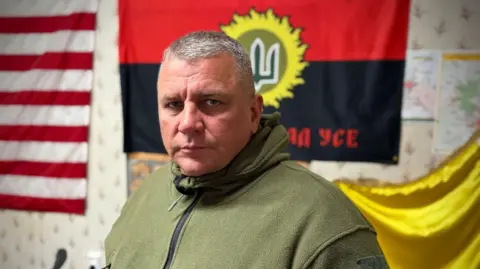 BBC/James Cheyne Colonel Andriy Verlatyy, commander of the Bucha Volunteer Formation