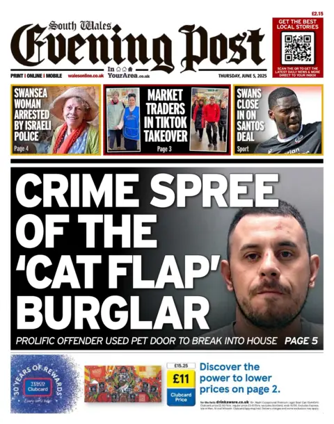 South Wales Evening Post South Wales Evening Post newspaper front page shows main headline next to a photo of a man: Crime Spree of the 'Cat flap' burglar, prolific offender used pet door to break into house. Other headlines on the front page are: Swansea woman arrested by Isreali police, Market traders in TikTok takeover, Swans close in on Santos deal
