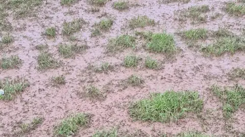 Worcester Golf Range A close up image of muddy ground with small patches of green grass.