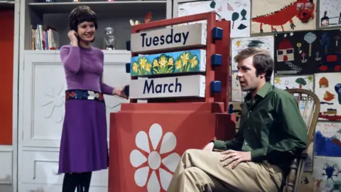 Play School : 1971 - Picture shows : (l-r) Julie Stevens and Brian Cant on the set of popular childrens programme, Play School. Julie is wearing a purple jumper and purple skirt and standing next to a board that reads Tuesday, March. Brian Cant is sat on a chair beside the board wearing a green shirt and beige trousers.