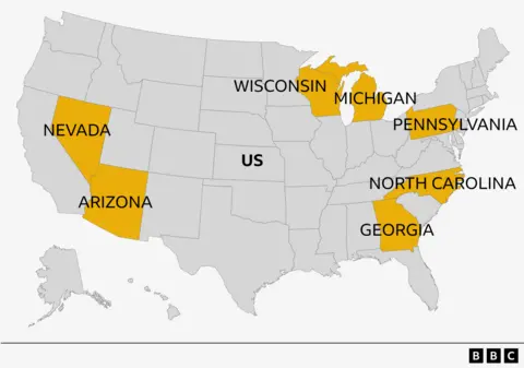 BBC A map of the United States with Arizona, Georgia, Michigan, Nevada, North Carolina, Pennsylvania and Wisconsin marked