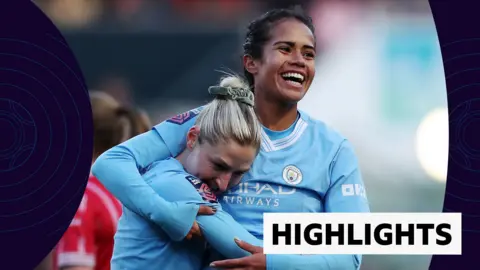 Mary Fowler and Laura Coombs celebrate after Manchester City's first goal