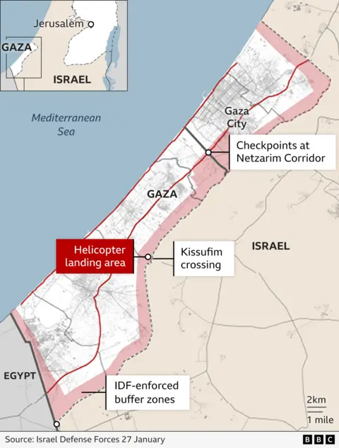 Map showing location of Jordanian air force helicopter landing area inside Gaza