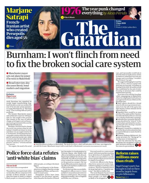 "Burnham: I won't flinch from need to fix the broken social care system," reads the headline on the front page of the Guardian. 