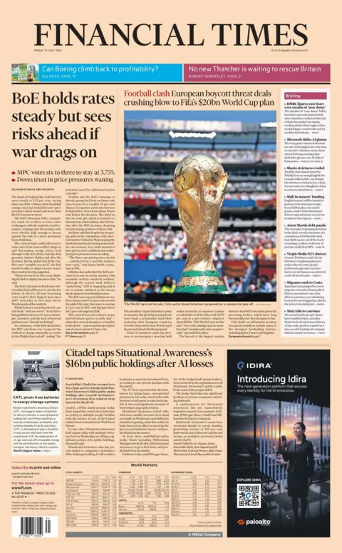 "BoE holds rates steady but sees risks ahead if war drags on," reads the headline on the front page of the Financial Times. 
