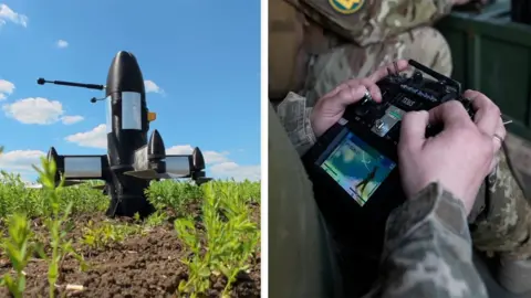 A composite image shows on the left an interceptor drone on the ground and on the right the hands of a soldier operating it.
