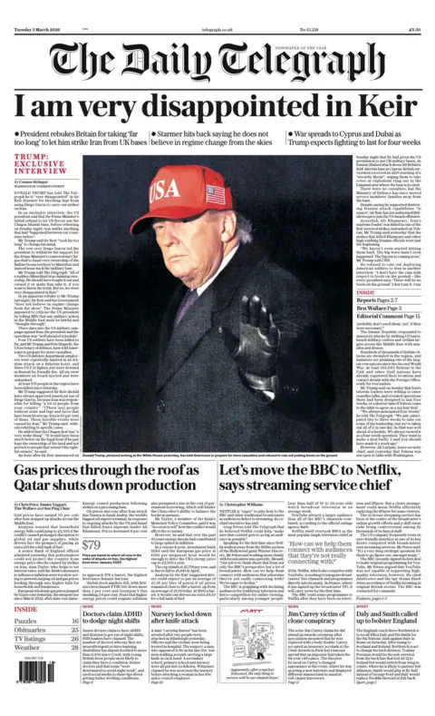 The headline on the front page of the Telegraph reads: “I am very disappointed in Keir".