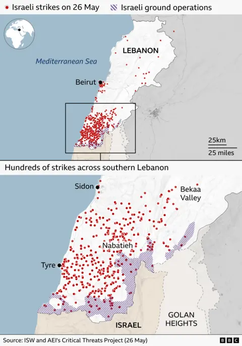 Map of Lebanon showing Israeli strikes on 26 May marked by dense red dots across the country, with the highest concentration in southern Lebanon near the Israeli border. Purple hatched areas indicate Israeli ground operations along parts of the southern border region. Key locations labeled include Beirut on the coast, Sidon, Nabatieh, Tyre and the Bekaa Valley, with fewer strikes shown in northern areas. The Mediterranean Sea appears to the west, and Israel and the Golan Heights are labeled to the south and southeast. A zoomed inset highlights the heavily targeted southern area.