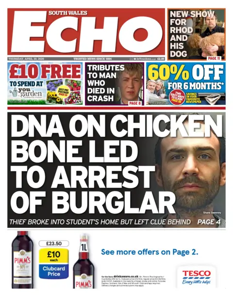 South Wales Echo South Wales Echo main headline: DNA on chicken bone led to arrest of burglar. Next to photo of a police mugshot.