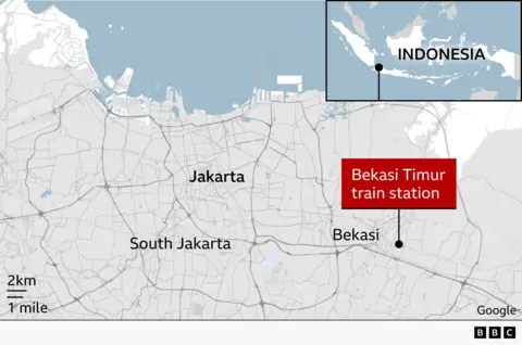 Map of Jakarta and surrounding areas in Indonesia showing the location of Bekasi Timur train station. Jakarta, South Jakarta and Bekasi are labelled, with major roads and rail lines shown. An inset map places the area within Indonesia.