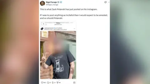 X An X post by Nigel Farage showing a screenshot of an Instagram post shared by Zack Polanski featuring a man in a black T-shirt who is holding up his index and middle fingers. The T-shirt depicts a large guillotine below the words "We're only making plans for Nigel". Farage's X post says: "This is what Zack Polanski has just posted on Instagram. If I was to post anything as inciteful then I would expect to be arrested, and so should Polanski."